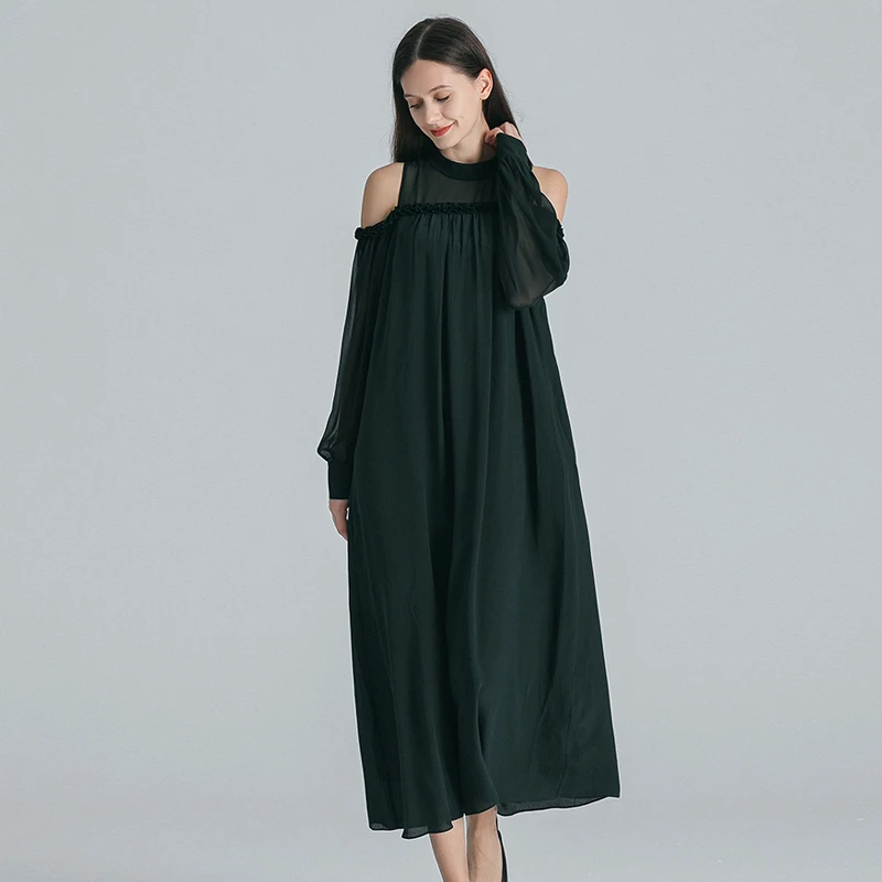 Dark Green 100% Silk Gauze Stand Collar Strapless Lantern Long Sleeve Dresses Women Elegant Loose Party Dress Autumn AE1786