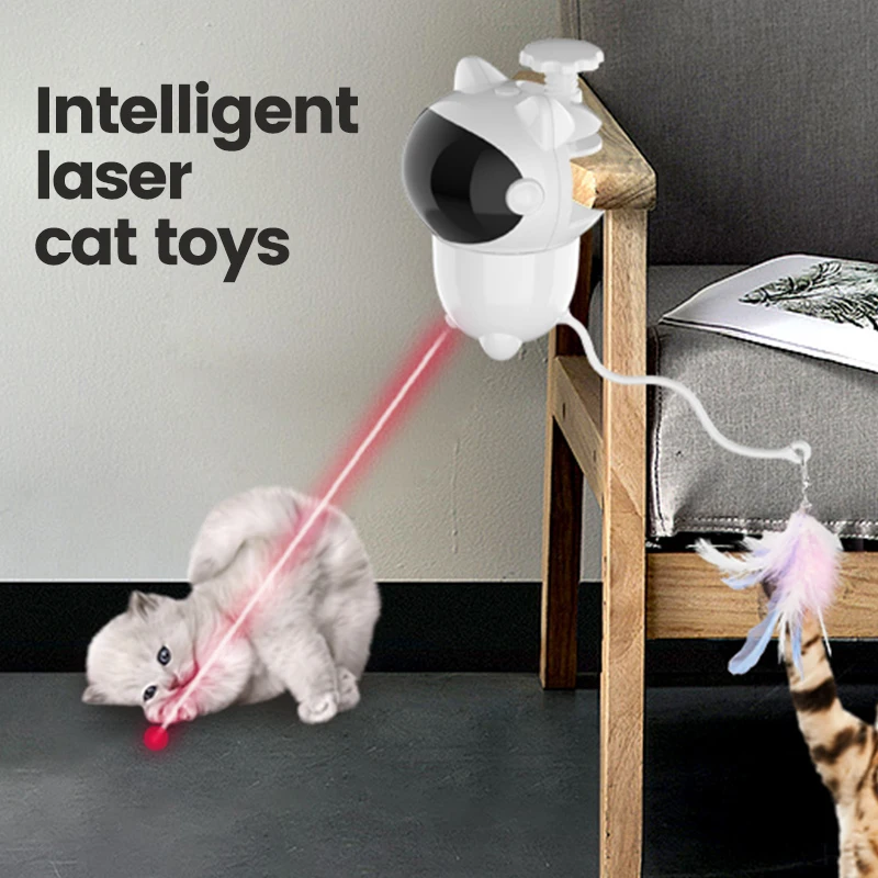 Automatic Cat Toy with Feather & Bell, 360° Random Rotation, Laser Interactive, 2 Speed Modes, 1800mAh USB Rechargeable, 14H Bat