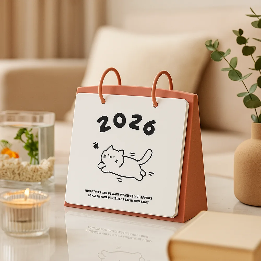 Home Decor Plastic 2026 Desktop Calendar Cartoon Cat Pattern Daily Planner Stable Base Portable Standing Flip Calendar Home