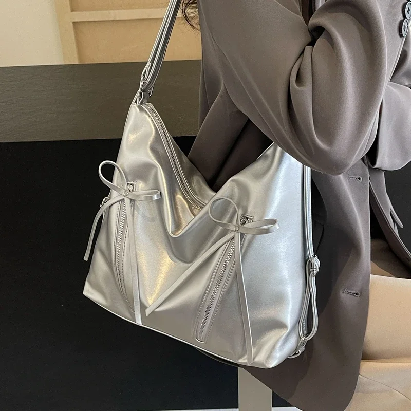 

Design Women's Silver Small Bow Soft Pu Leather Shoulder Bag Large Capacity Fashion Handbags and Purses Female Crossbody Bag