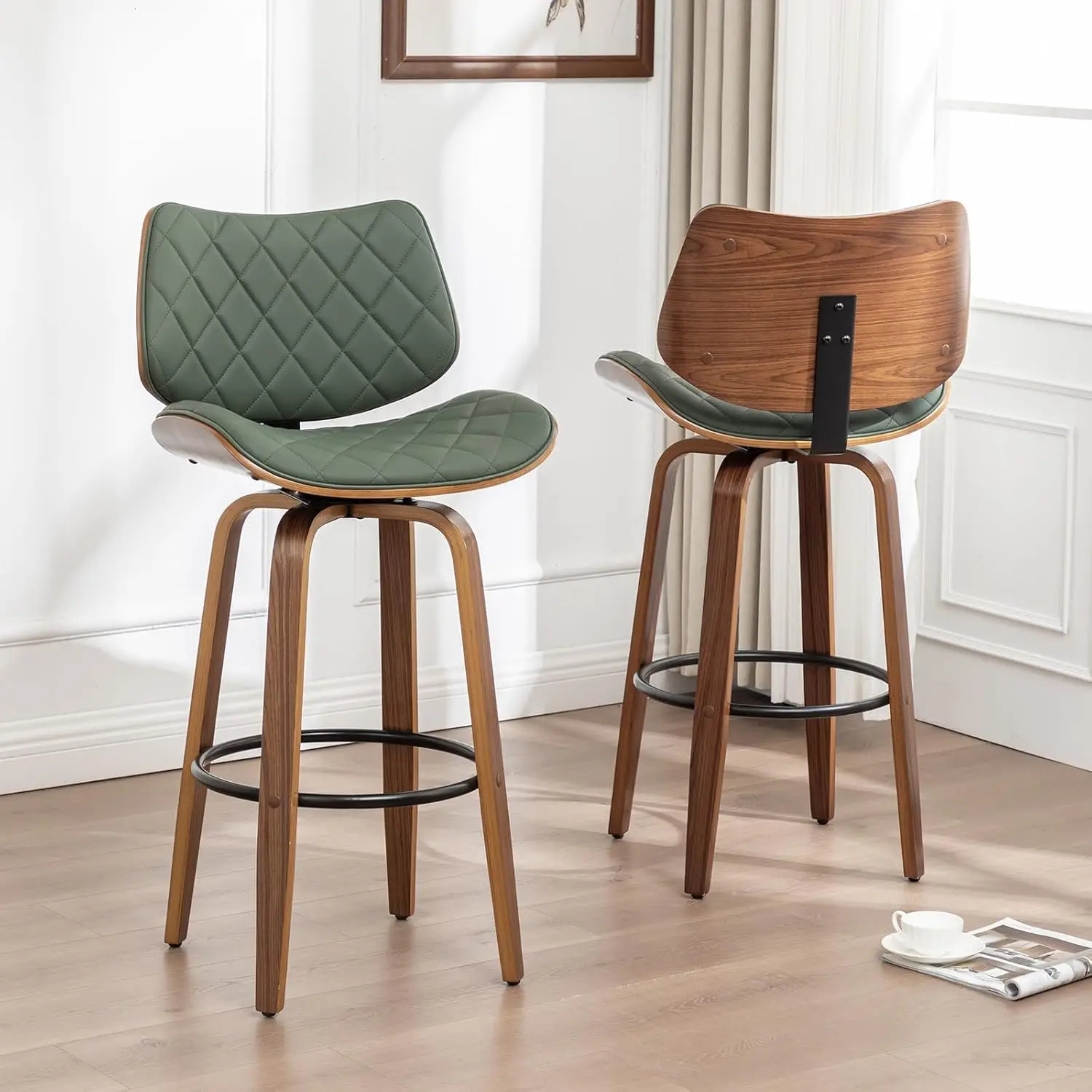 

25 "поворотные барные стулья, набор из 2 шт., современные барные стулья середины века со столешницей, зеленые кожаные мягкие барные стулья для кухни Isla