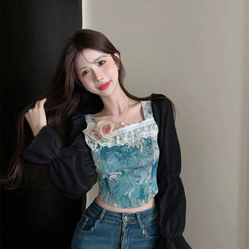 Women Clothing Temperament Slim Printing Patchwork Shirt Tops Spring Autumn New Long Sleeve Korean Short Blouse Vintage Fashion