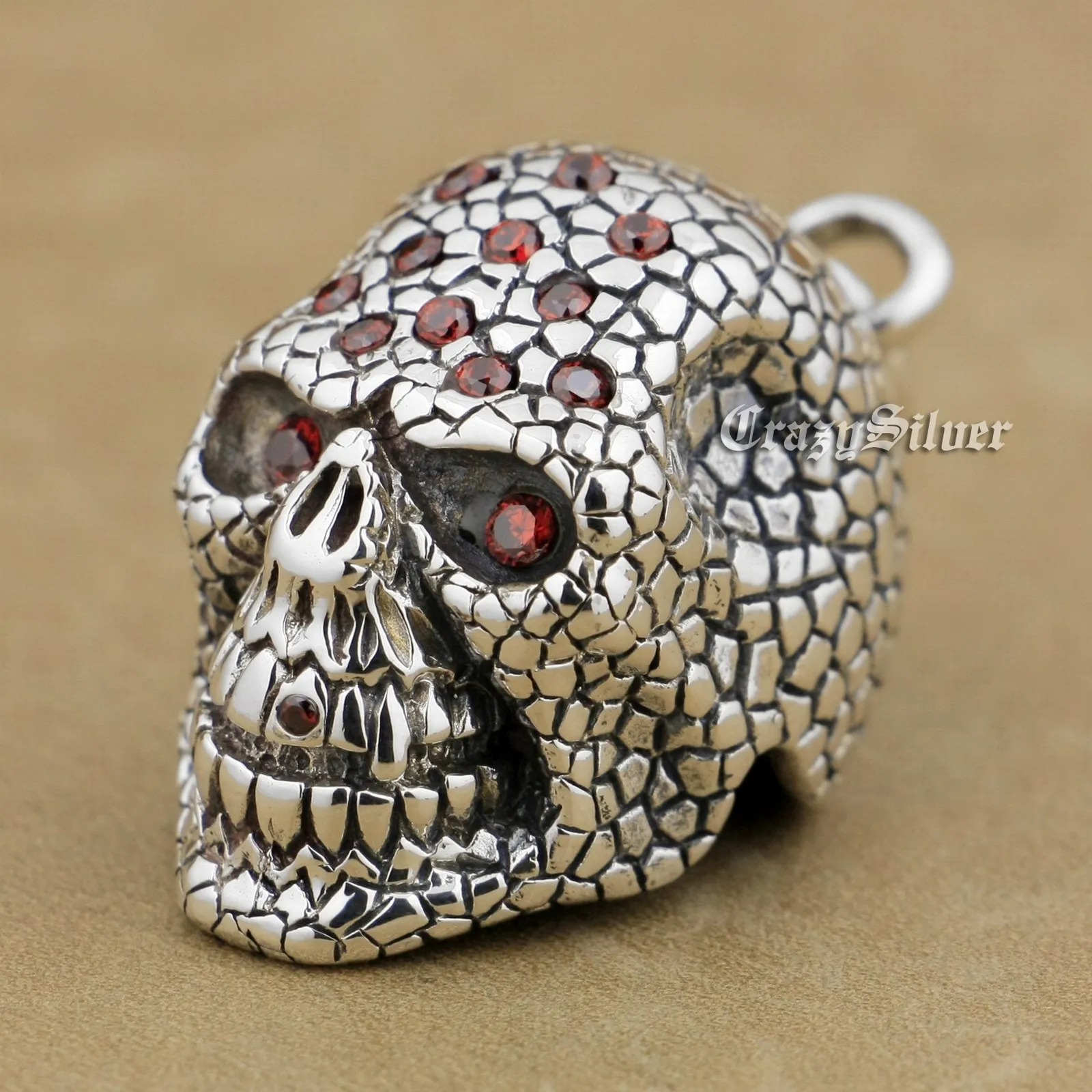 

Red CZ Stones 925 Sterling Silver Skull Pendant Biker Punk Jewelry 9S024