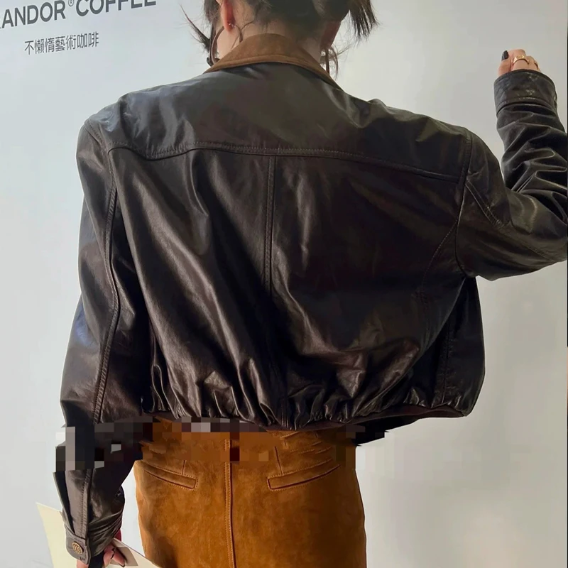 Cappotti da giacca in vera pelle da donna vintage caffè Cappotti da donna corti in pelle di pecora con cuciture in pelle cerata e colletto in pelle scamosciata