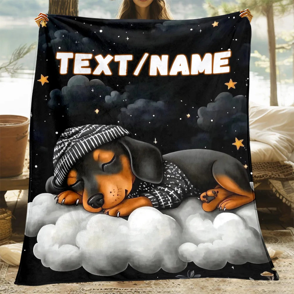 Custom name sleeping sausage dog flannel blanket, soft blanket, suitable for sofa, bed, birthday, children, friends, gifts