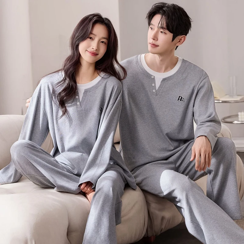 

Комплекты пижам для пар из 100% хлопка с длинным рукавом, весна-осень 2026: мужские и женские свободные пижамы в корейском стиле, домашняя одежда