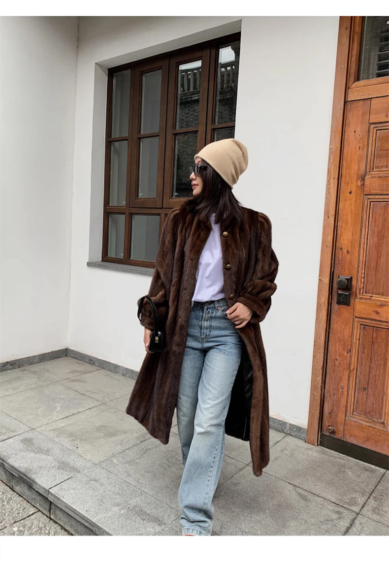 Lautaro Winter Long Brown Thick Warm Soft Faux Mink Fur Coat Women Puff Sleeve Elegant Luxury Chic Fluffy Furry Overcoat 2023