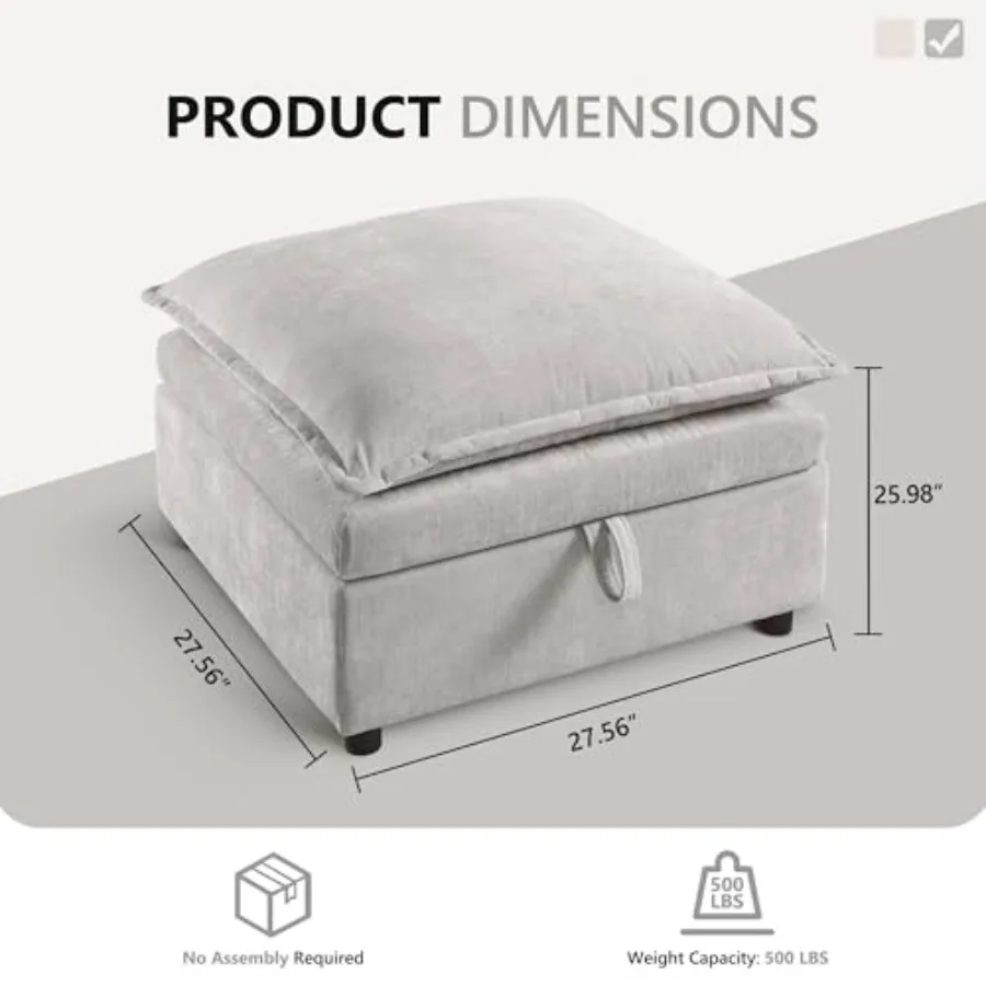 Modular sectional living room ottoman: chenille upholstery, beige, faux wood feet, durable frame, cloud couch add-on