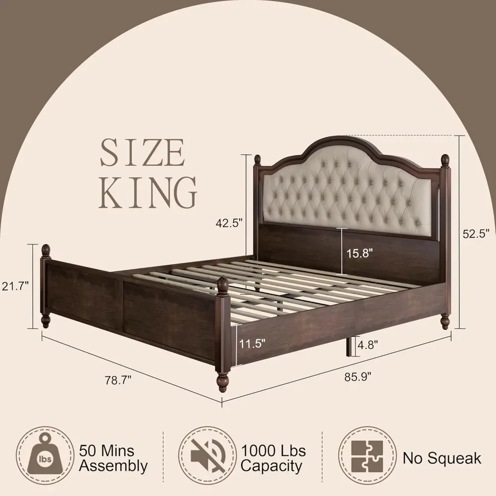 King Size Solid Wood Bed Frame, Transitional Platform Bed with52.5