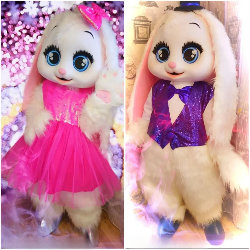 Roze jurk konijn mascotte kostuum paars pak wit konijntje wandelende poppenkleertjes stadium slijtage karakter fancy dress