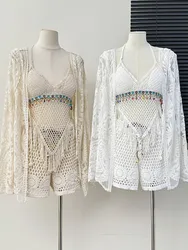 Summer New Beach Holiday Sweet Lace Cardigan Shawl Tassel Halter Top Hollow Shorts Three-Piece Set Female Fashion Outfits