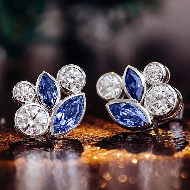 Huitan Bright Blue/white Zirconia Stud Earrings Female Fashion Silver Color Jewelry for Daily Life Stylish Versatile Accessories