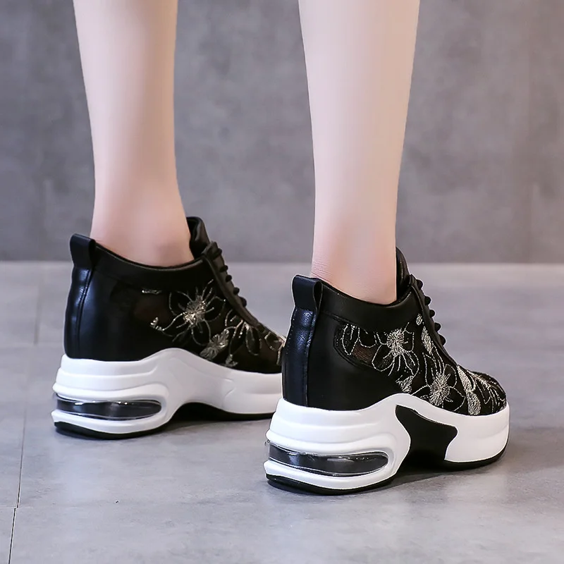 Fashion Flower Embroidered Mesh Breathable Ladies Wedge Platform Sneakers High Heels Lace-Up Shoes Comfortable Height Increasing