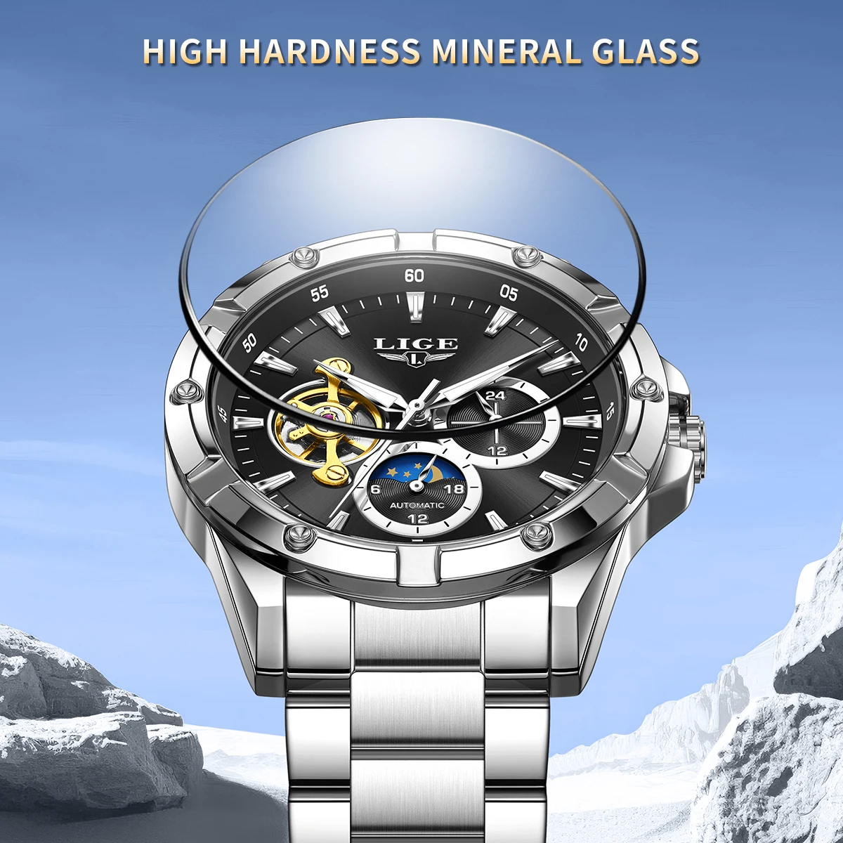 

LIGE Design Механические мужские часы Модные роскошные часы с турбийоном фазы Луны Автоматические водонепроницаемые светящиеся деловые часы для мужчин Новые