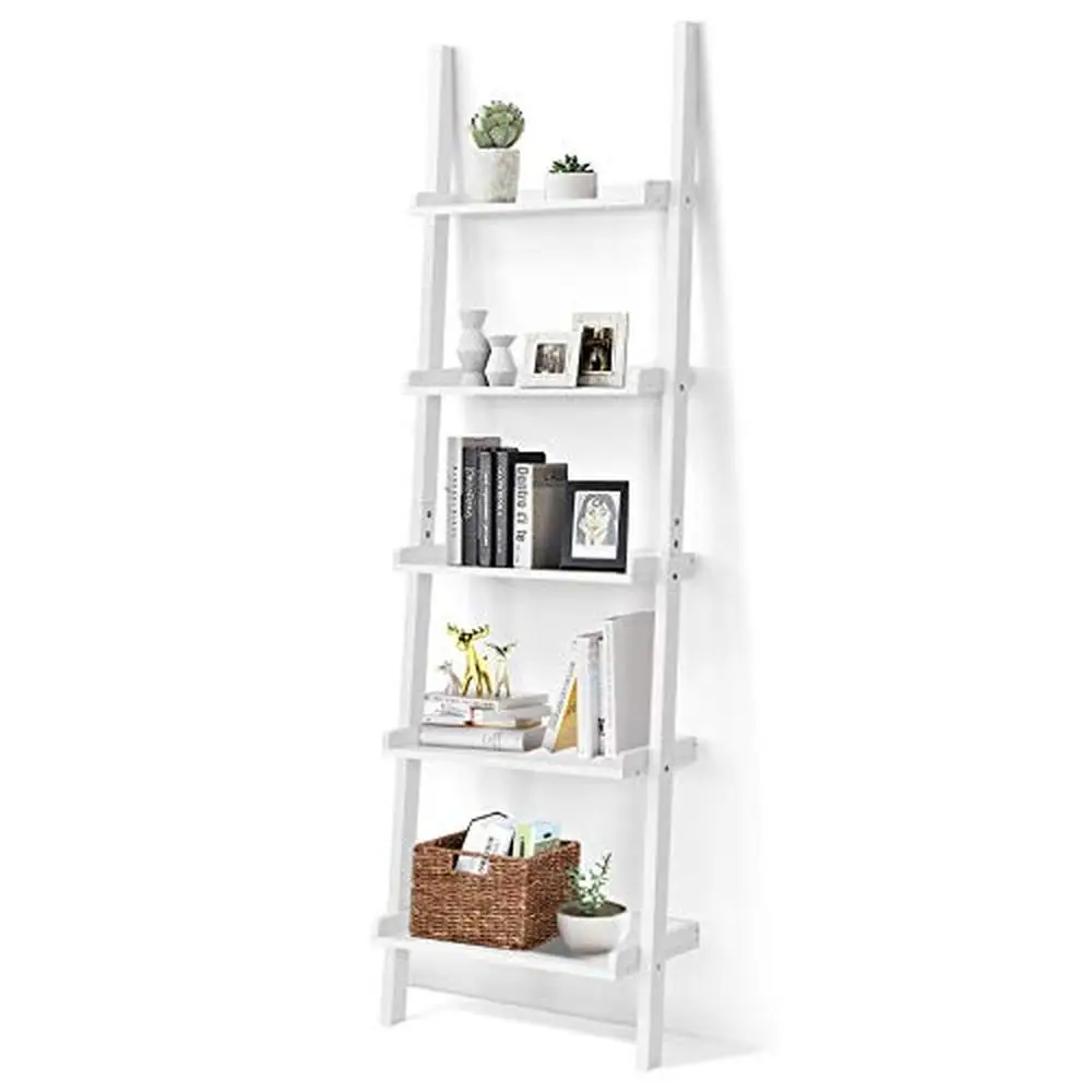 5-Tier Wooden Leaning Ladder Shelf Plant Flower Stand Storage Rack Living Room Office Decor