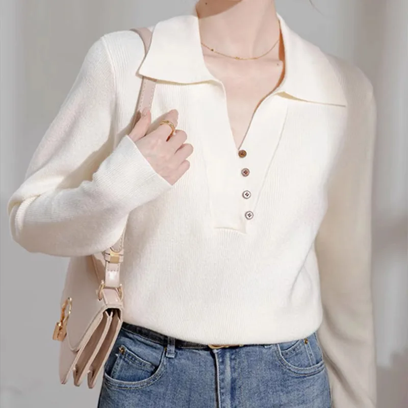 

Autumn Winter Fashion Chic Turn-down Collar Knitted Sweater Office Lady Vintage Elegant Loose Pullovers