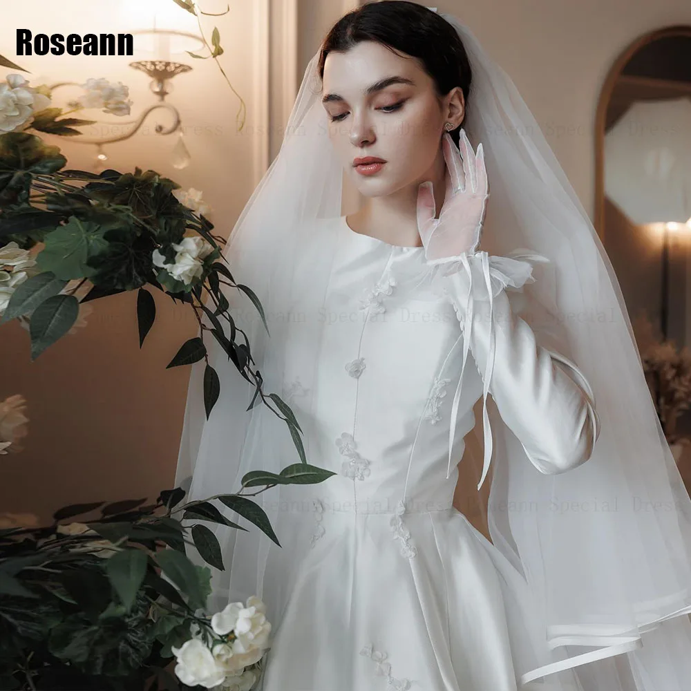 

Muslim 2024 A-line Wedding Dresses O-Neck Applique Draped Pleat Flowers Lace Brush Train Floor Length Bride Dress robe de mariée