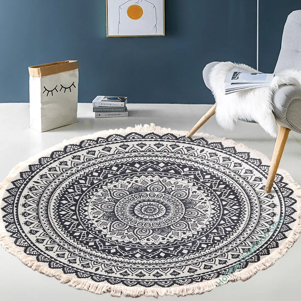 

Hand Woven Cotton Linen Carpet Retro Bohemian Round Bedside Geometric Floor Mat Living Room Home Decor Boho Mandala Tassel Rug