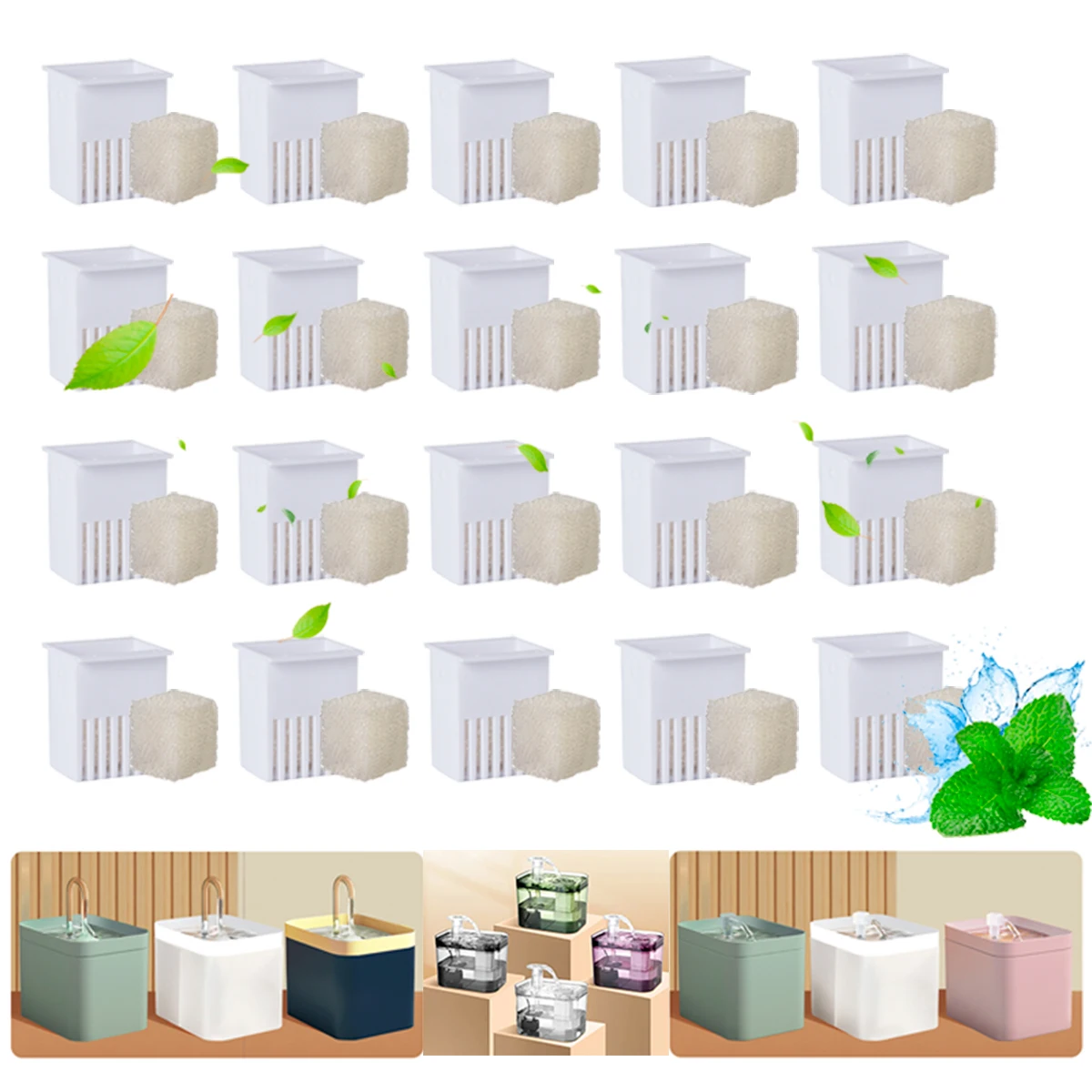 Replacement Filters for Cat Water Fountain, Pet Water Dispenser Filter Box & Cotton Sponge Set, Easy Clean Install, 10/20 Pcs
