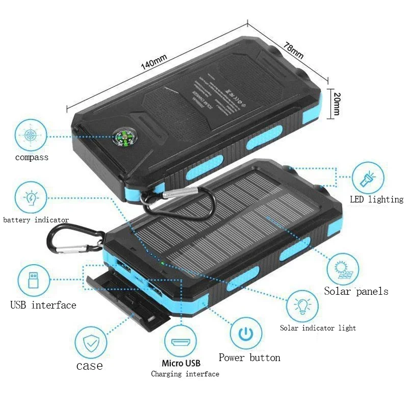 Hot Solar Power Bank 20000mAh caricabatterie portatile da esterno Power Bank batteria esterna impermeabile doppia ricarica USB con luce a LED