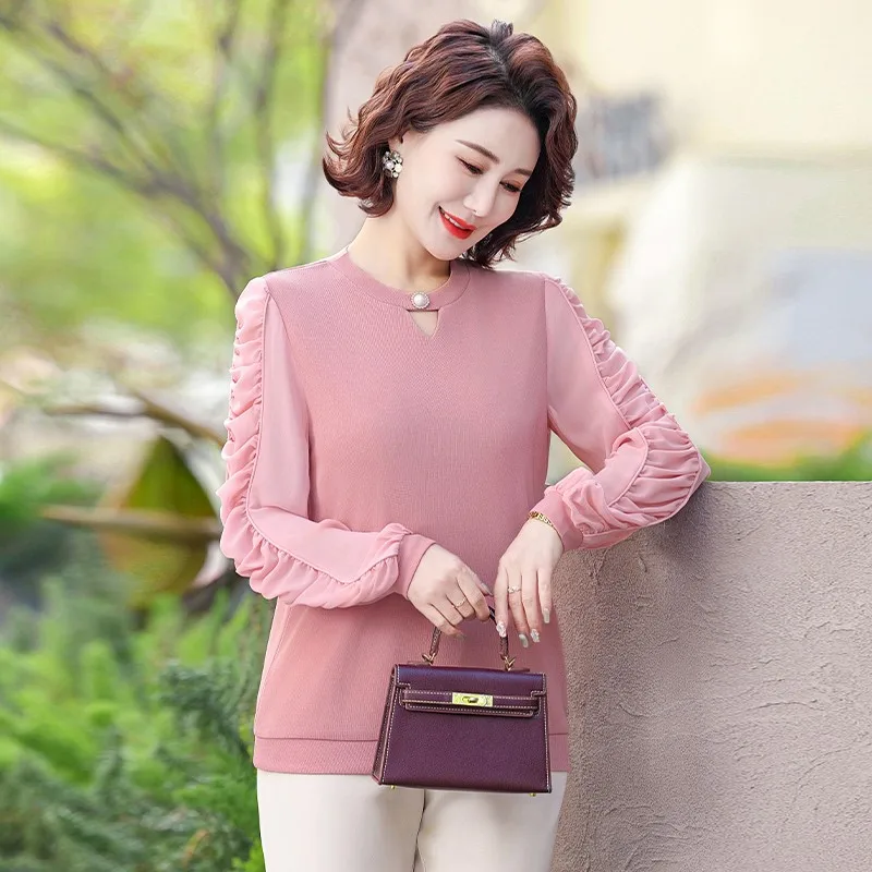 Chic Spliced Blouse Women\'s Clothing Vintage Solid Color Spring Autumn Casual Round Neck Commute Long Sleeve Shir