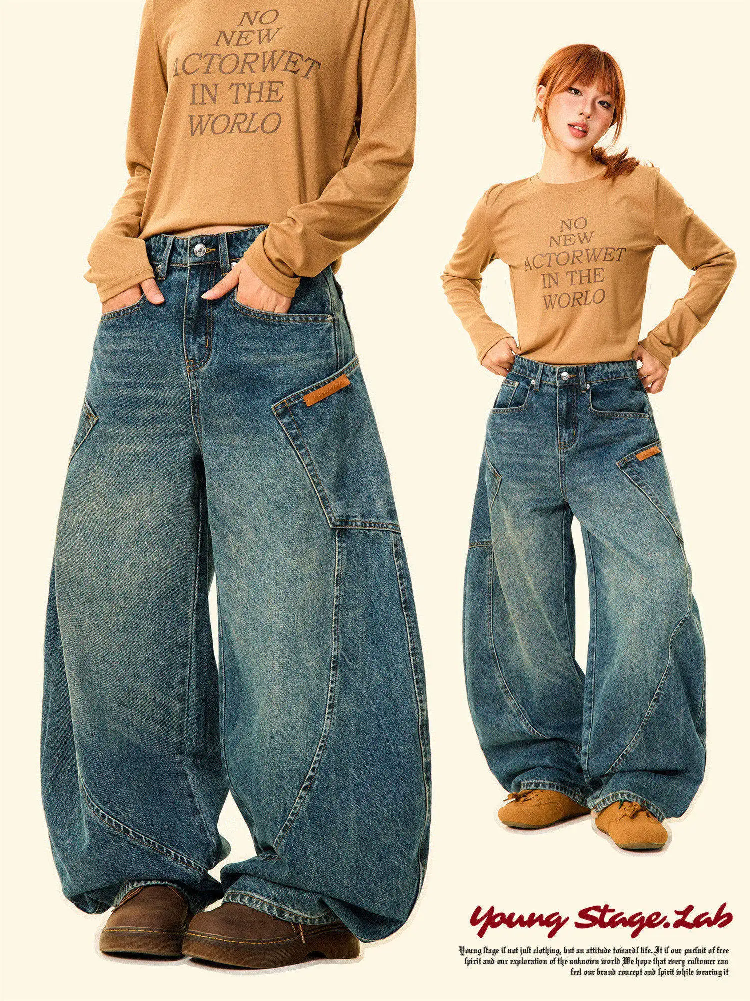 

Джинсы женские Young Stage American Sle, свободные, с широкими штанинами, винтажные, повседневные, с высокой талией, синие, из денима, с крупными нашивками