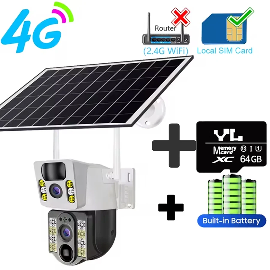 جديد! 4K كاميرا تعمل بالطاقة الشمسية 4G بطاقة SIM عدسة مزدوجة 8MP HD للرؤية الليلية IP CCTV مراقبة PTZ PIR إنذار كشف الإنسان مقاوم للماء