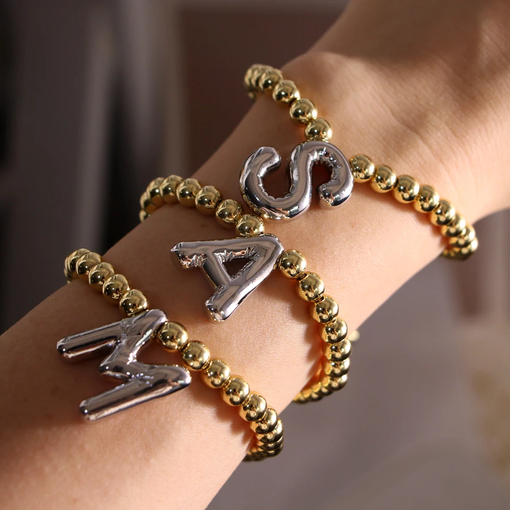 5pcs, Balloon Letter A- Z Adjustable Bracelets For Women Men Gold Plating Round Ball Beads Chain Girls Punk Bracelets