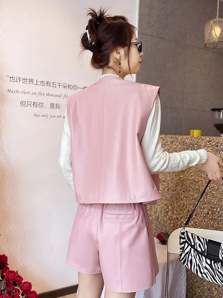 Primavera nueva mujer doble botonadura chaleco Top pantalones cortos conjunto de dos piezas Casual suave piel de oveja cuero genuino conjuntos a juego ropa de calle