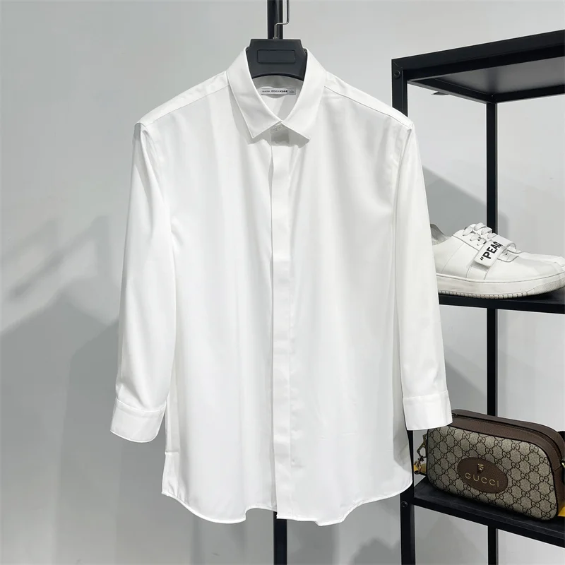 

Мужская рубашка из модала, приятная к коже, приталенного кроя, с рукавом три четверти, однотонная, с квадратным воротником, не требующая глажки, эластичная, повседневная