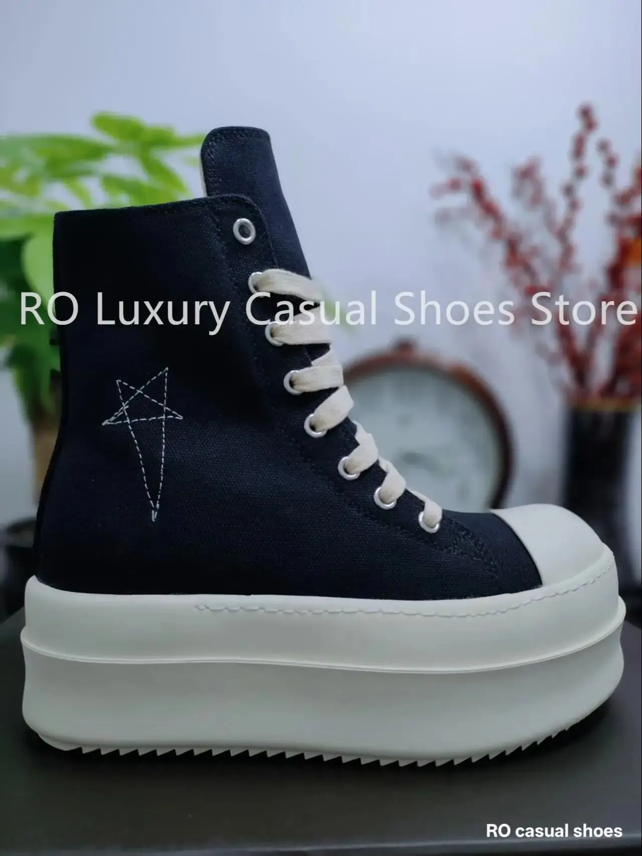 

R-o Top High Quality Black Canvas Men's Casual Shoes Thick Soled Women's Platform Shoes High-Top Sneakers Designer Women's Boots