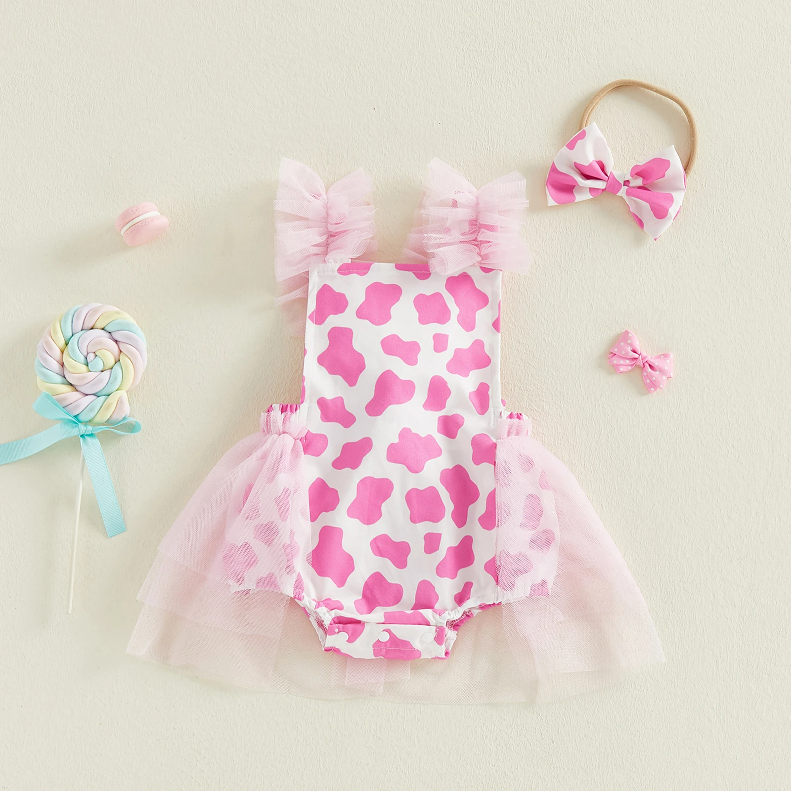 

Baby Girls Rompers Western Print Sleeveless Tulle Hem Infant Bodysuits Jumpsuits with Headband