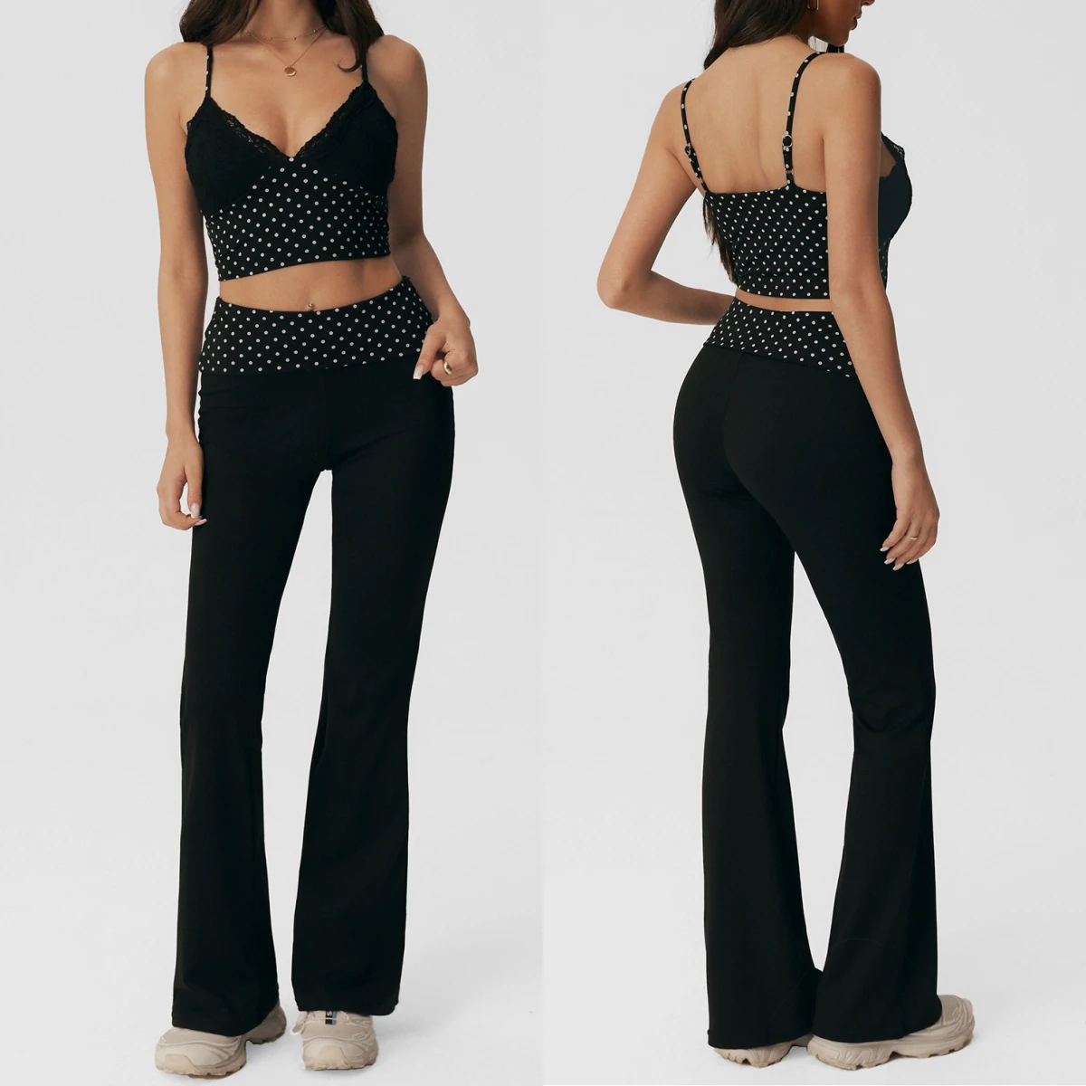 Women Yoga Set 2 Piece Sexy Polka Dot Lace Spliced Cami V Neck Crop Top High Waist Flare Leggings Workout Fitness Pilates Outfit