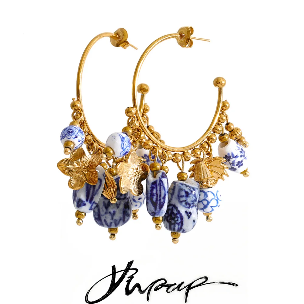 Boucles d'oreilles pendantes Yhpup 2026 exclusives en acier inoxydable et céramique, motif floral, tendance, faites à la main, bijoux d'été français, cadeau