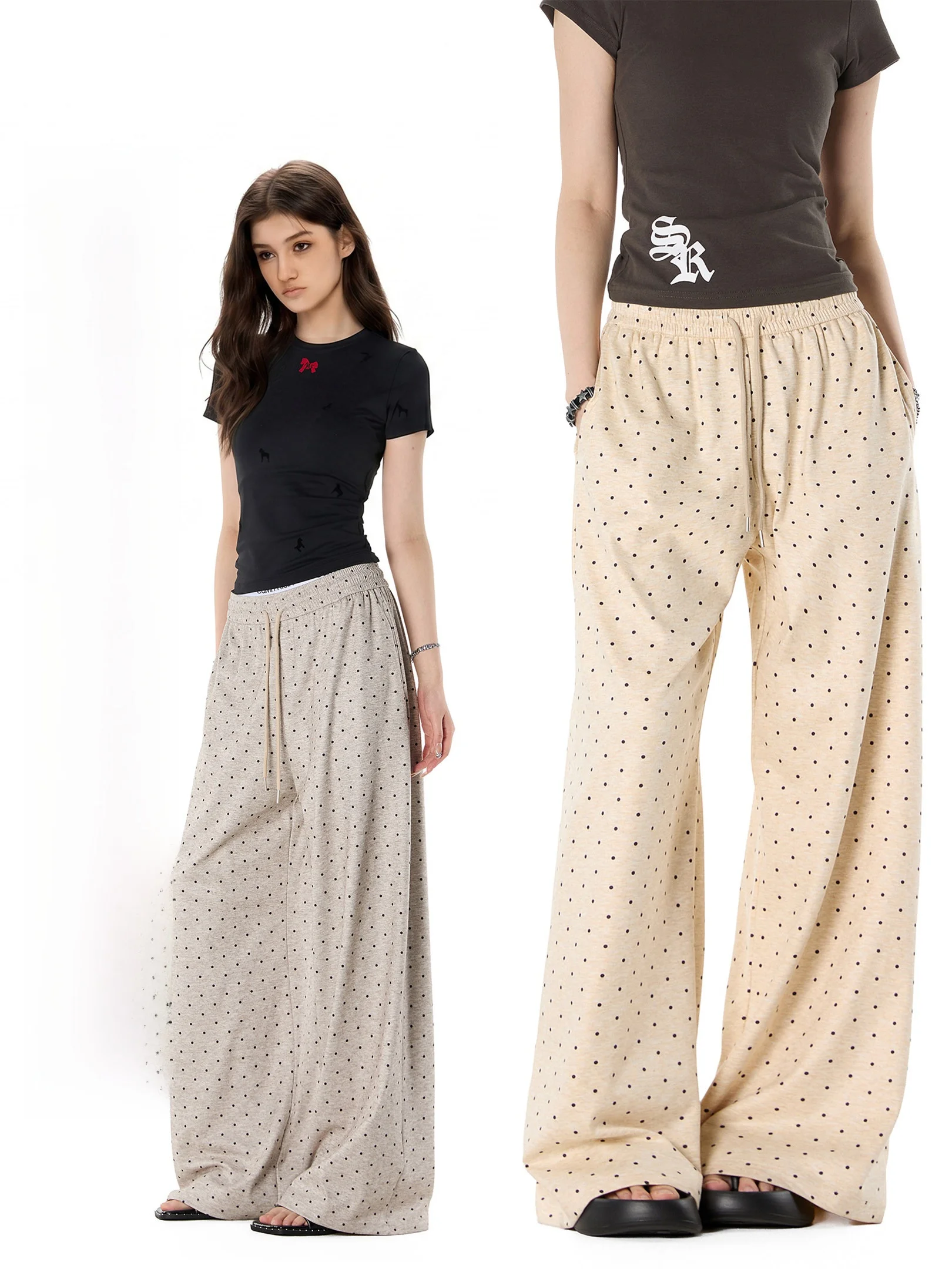 

Ich Mode Summer Thin Casual Pants Women's Wide Leg Straight Drapey Long Pants Polka Dot Print Casual Trousers for Ladies