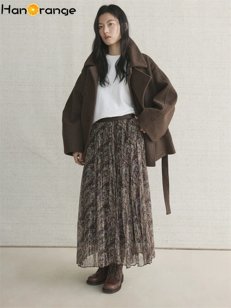 Hanorange 2026 início da primavera vintage cintura alta paisley padrão saia dobrada grande balanço a linha saia longa café/azul