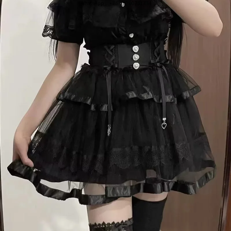 Women Gothic Lolita Rhinestone Mini Skirt Mesh Y2K Punk Sweet Bandage Party Skirt