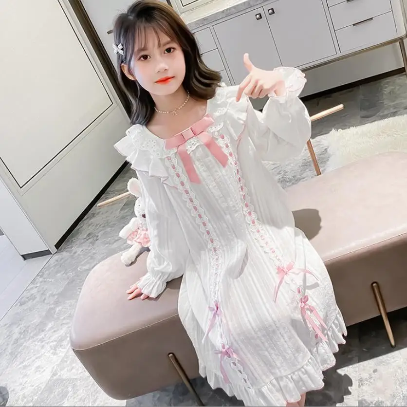 

Girl 100% Cotton Dress Spring Summer New Lace Patchwork Nightgown Kids Bow Princess Home Clothes Teen Pajamas
