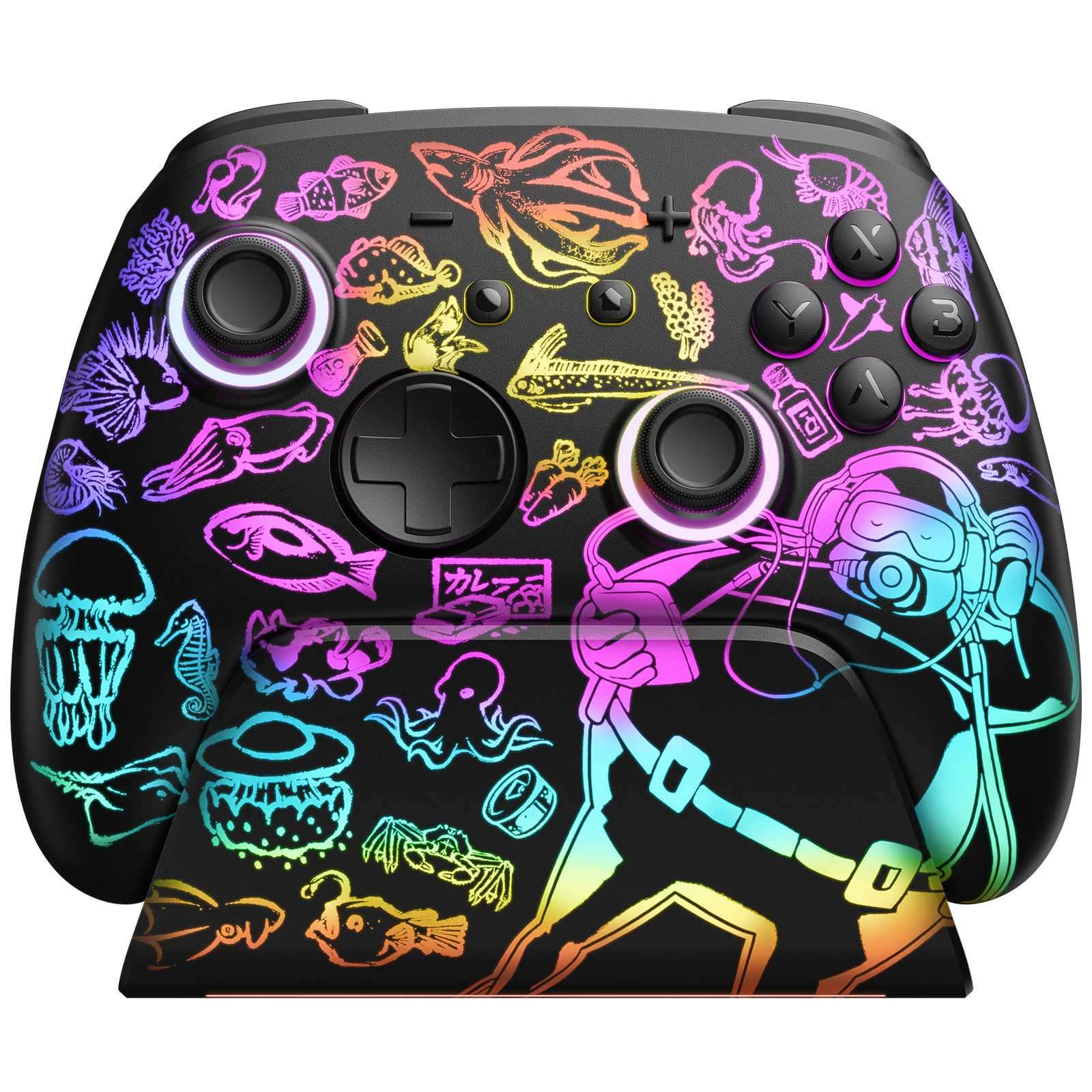 

Беспроводной контроллер FUNLAB Pro для Switch 2/OLED/Lite с зарядной док-станцией, геймпад, эффект Холла/7 светодиодных цветов/Turbo/связь приложения - черный