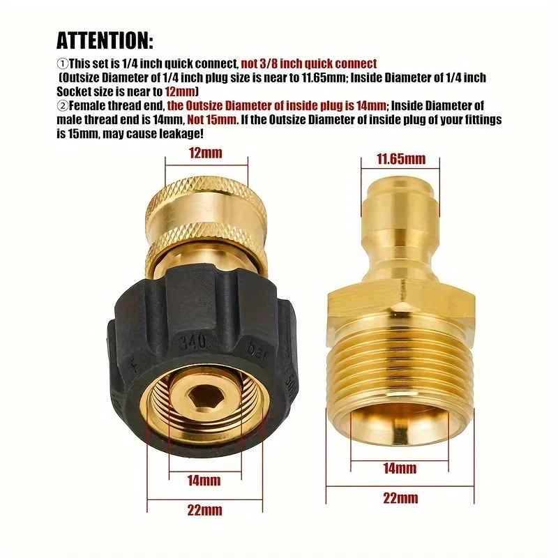طقم محول ماكينة التنظيف، M22 14 مم/15 مم إلى 1/4 بوصة توصيل سريع، 5000 رطل لكل بوصة مربعة، لخرطوم رأس المضخة واتصال البندقية #4