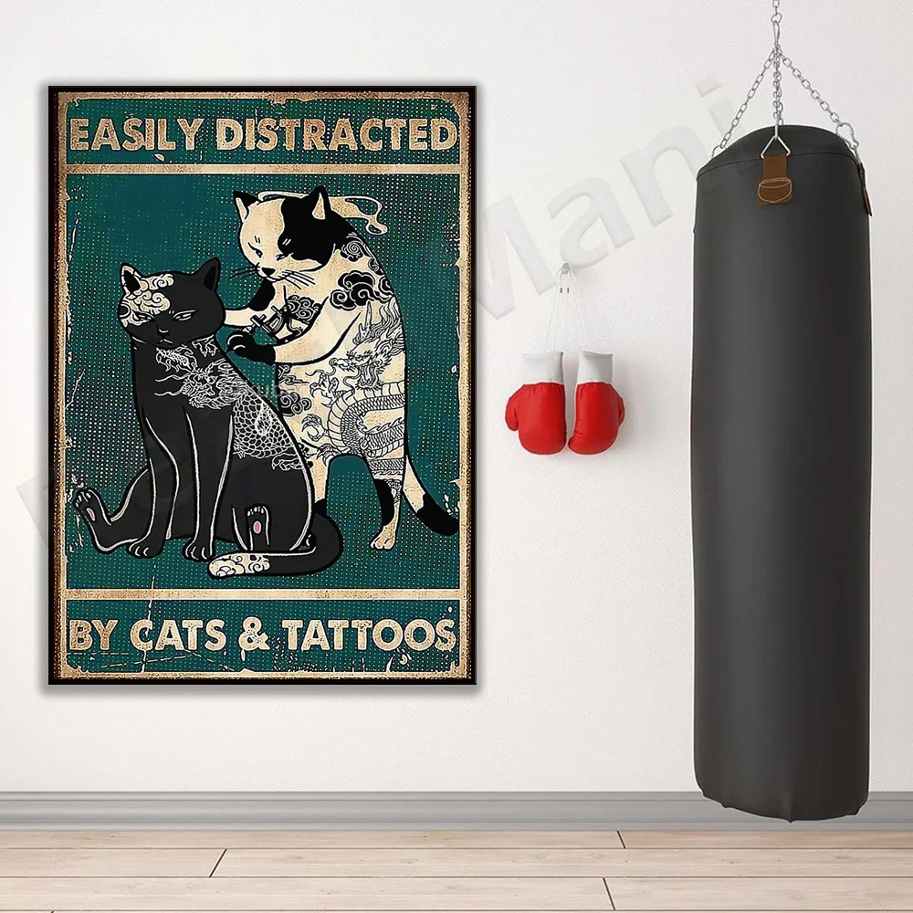 Easily distracted by cats and tattoos poster, cat print, tattoo art deco canvas print