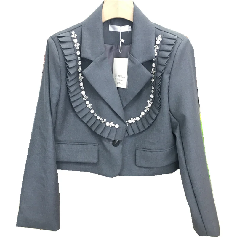 

Jackets 2023 New For Suit Women Spring Autumn Casual Korean Fashion Light Luxury Beading Diamonds Cropped Blazer Office Ladies