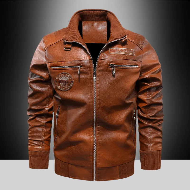 Spring Autumn Men's Motorcycle Plushed Warm And Windproof Racing Wear PU Leather Jacket Outdoor Coat