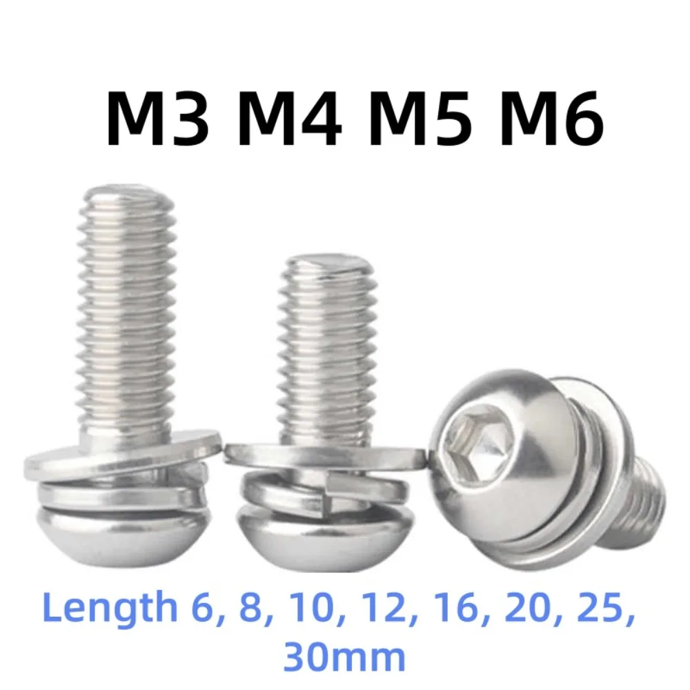 304 Stainless Steel Pre-assembled Three Combination Sem Screw M3-M6 Hexagon Socket Round Button Head Machine Fastener L=6-30mm