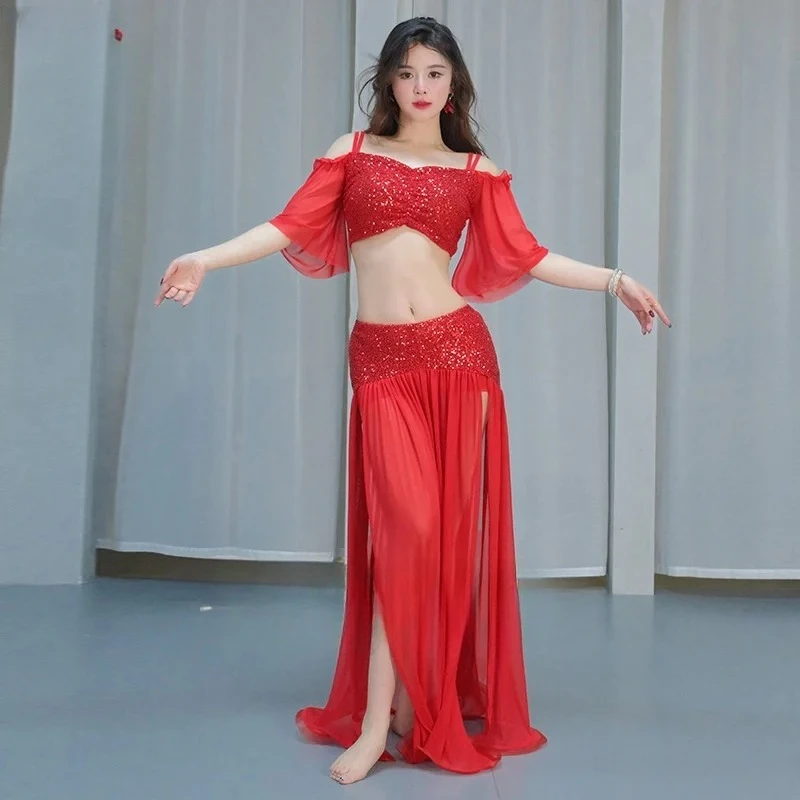 

Women's Elegant Temperament Set Girls' Oriental Dance Advanced Sequin Mesh Training Costumes Belly Dancing Practice Clothes