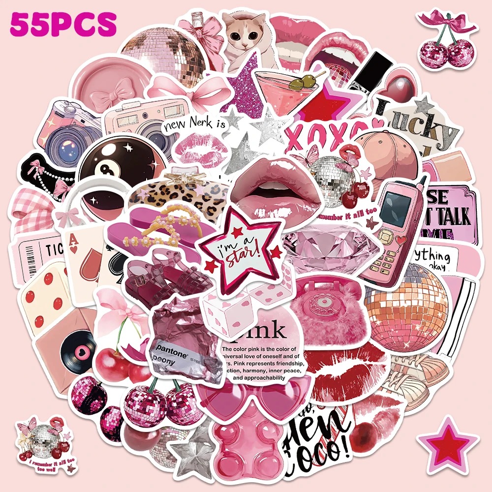 55pcs Pink Fashion Cool Sticker Creative Aesthetic Decal For Phone Case Guitar Skateboard Decal Sticker Party Decoration Gift
