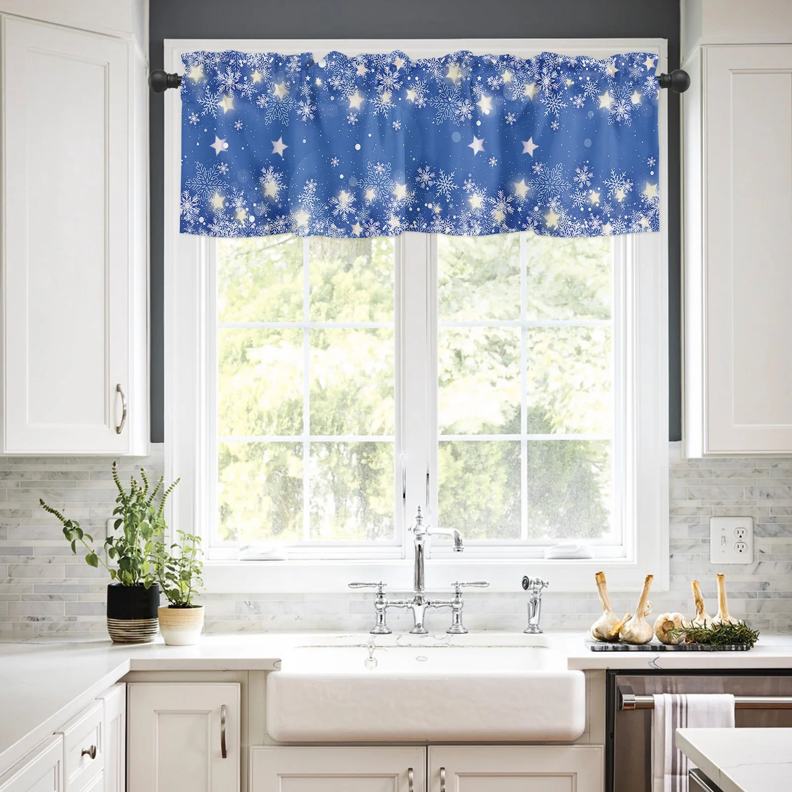 Christmas Snowflake Blue Short Curtains Kitchen Cafe Wine Cabinet Door Window Small Curtains Wardrobe Curtain Home Decor Drapes