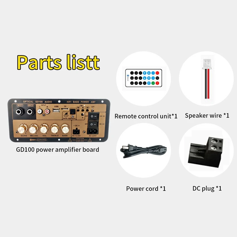 GD100 Bluetooth Amplifier Board With Optical Audio Input Hifi Karaoke Amplifier Home/Car Amplifier Board Durable (EU Plug)