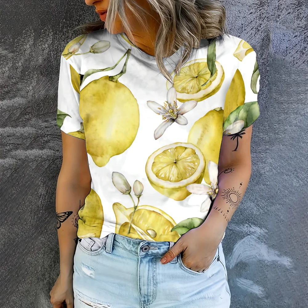 Refreshing Fruit Lemon Pattern Printing Daily Fallow Style Women\'s Sumer Clothes Oversized T-shirt Short Sleeve Comfortable Tops