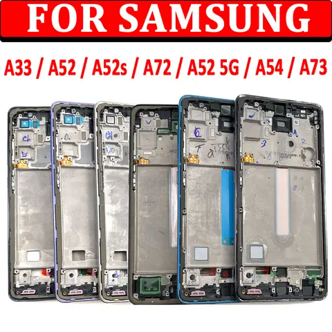 삼성 A33 A52 A52S A72 A52 5G A54 A73용 새 전면 하우징 LCD 프레임 베젤 플레이트 교체 수리 부품 (측면 버튼 포함)